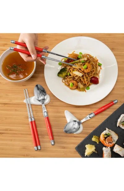 French Home 12-piece Laguiole Spoons, Chopsticks & Ceramic Rest Set In Red