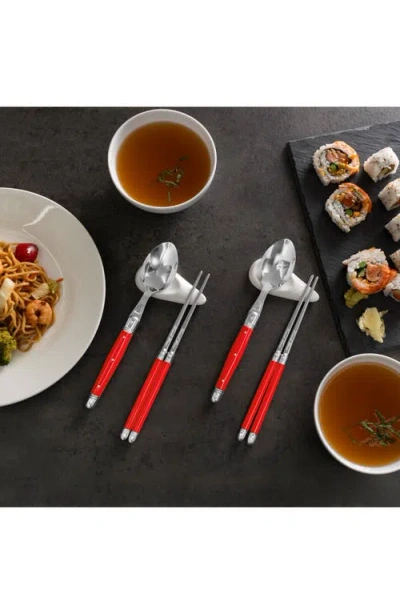 French Home 12-piece Laguiole Spoons, Chopsticks & Ceramic Rest Set In Red