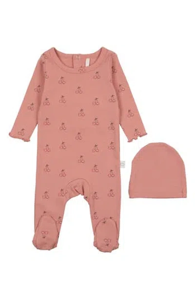 Pouf Cherry Print Footie & Hat Set In Pink