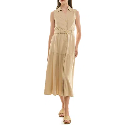 Nicole Miller Sleeveless Belted Linen Shirtdress In Green