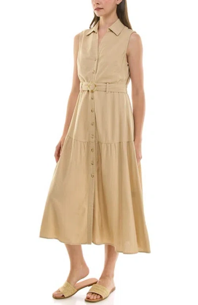 Nicole Miller Sleeveless Belted Linen Shirtdress In Green