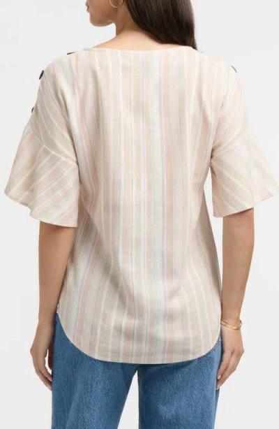 Ellen Tracy Round Neck Button Detail Linen Blend Top