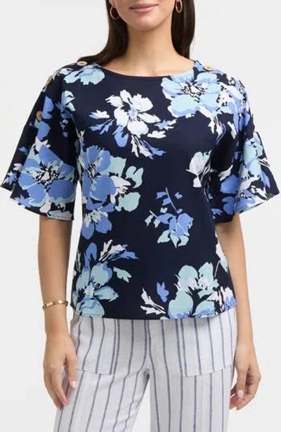 Ellen Tracy Round Neck Button Detail Linen Blend Top