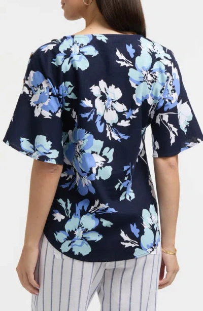 Ellen Tracy Round Neck Button Detail Linen Blend Top