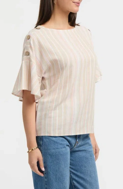 Ellen Tracy Round Neck Button Detail Linen Blend Top