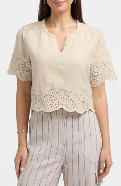 Ellen Tracy Embroidered Eyelet Short Sleeve Popover Top