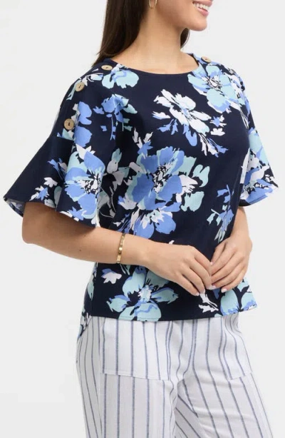 Ellen Tracy Round Neck Button Detail Linen Blend Top
