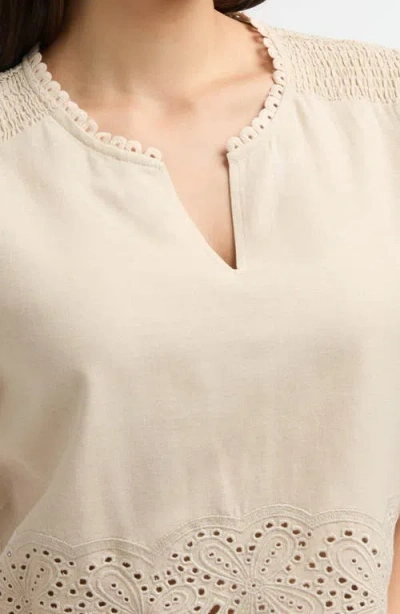 Ellen Tracy Embroidered Eyelet Short Sleeve Popover Top