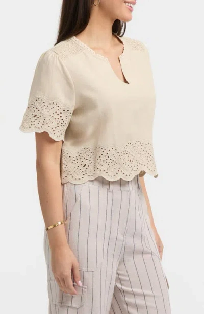 Ellen Tracy Embroidered Eyelet Short Sleeve Popover Top