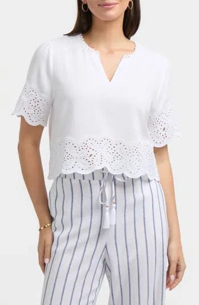 Ellen Tracy Embroidered Eyelet Short Sleeve Popover Top