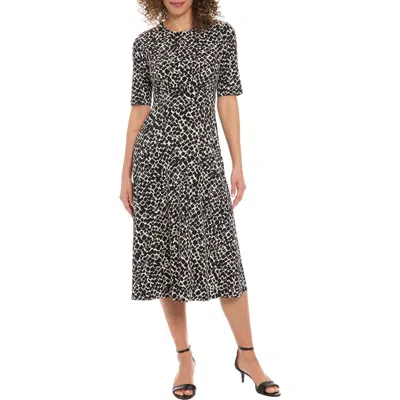 London Times Short Sleeve Inset Waist Fit & Flare Midi Dress