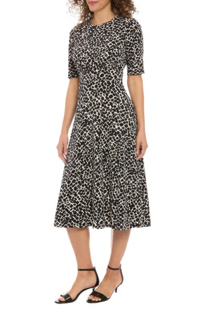 London Times Short Sleeve Inset Waist Fit & Flare Midi Dress