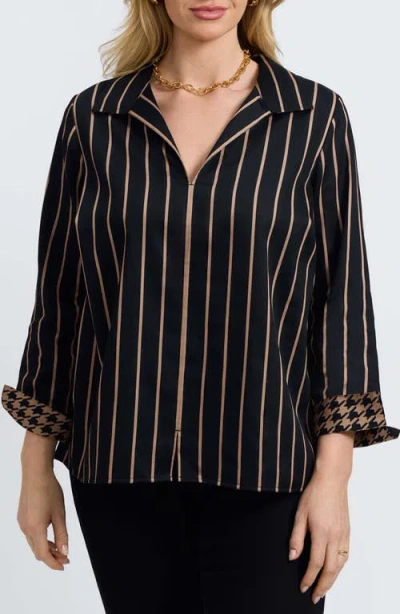 Foxcroft Agnes Stripe Three-quarter Sleeve Popover Top In Black