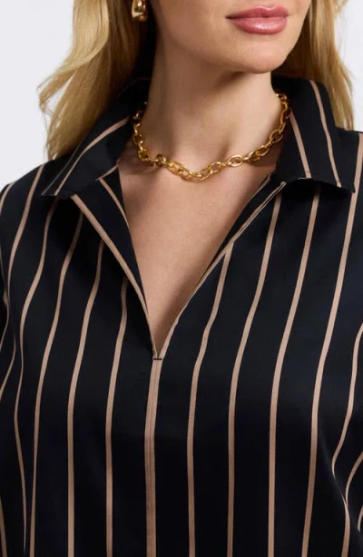 Foxcroft Agnes Stripe Three-quarter Sleeve Popover Top In Black