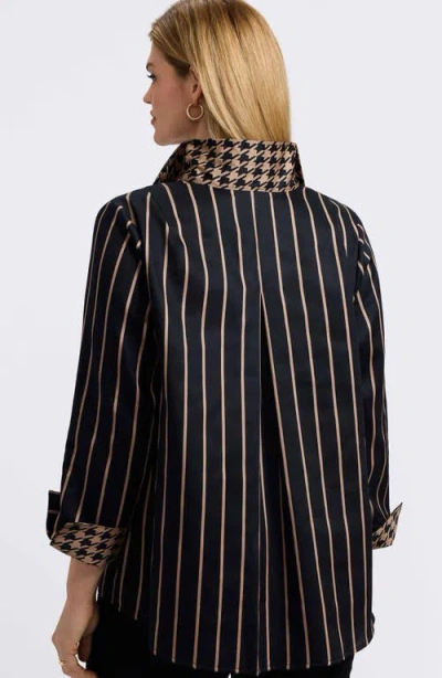 Foxcroft Agnes Stripe Three-quarter Sleeve Popover Top In Black