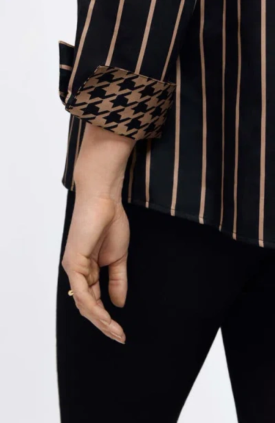 Foxcroft Agnes Stripe Three-quarter Sleeve Popover Top In Black