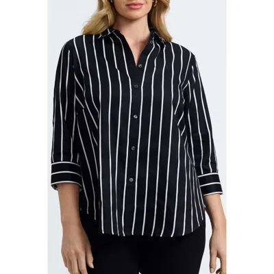 Foxcroft Margie Stripe Three-quarter Sleeve Button-up Shirt In Black