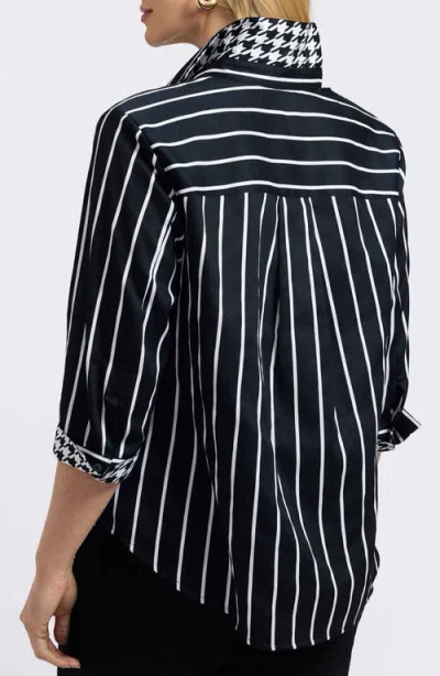 Foxcroft Margie Stripe Three-quarter Sleeve Button-up Shirt In Black