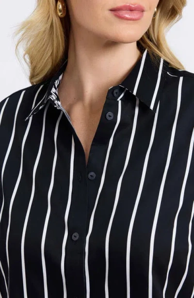 Foxcroft Margie Stripe Three-quarter Sleeve Button-up Shirt In Black