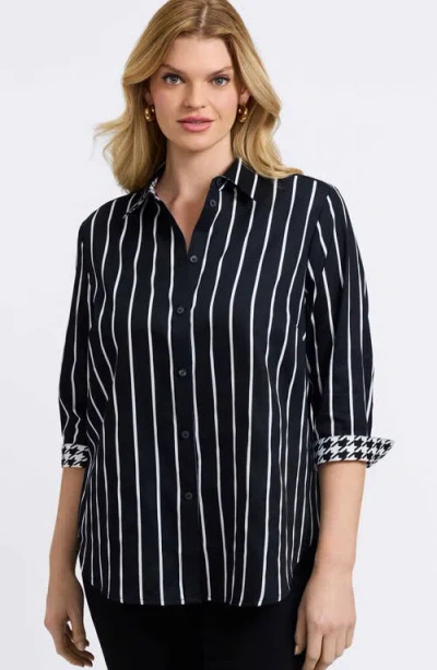 Foxcroft Margie Stripe Three-quarter Sleeve Button-up Shirt In Black
