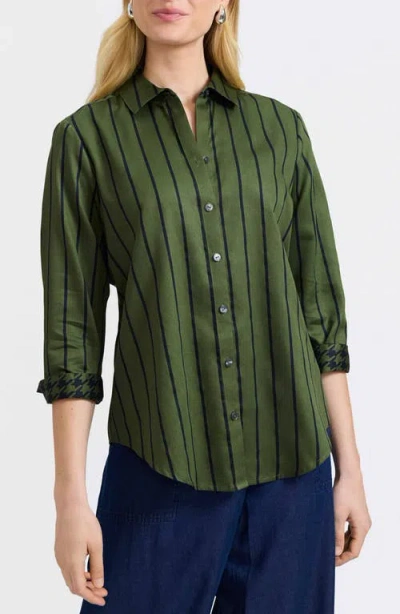 Foxcroft Margie Stripe Three-quarter Sleeve Button-up Shirt In Green