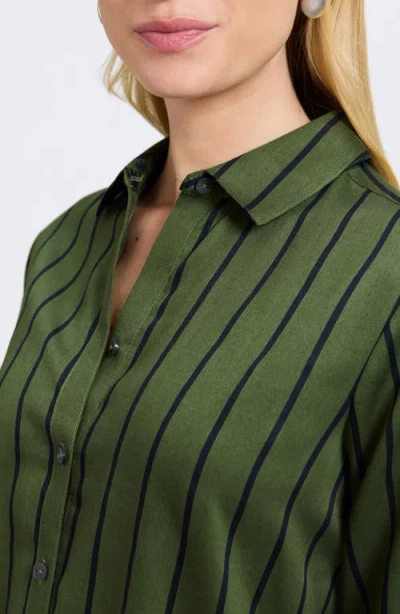 Foxcroft Margie Stripe Three-quarter Sleeve Button-up Shirt In Green