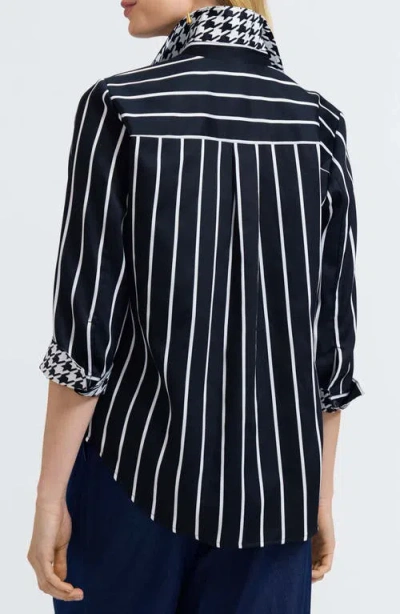 Foxcroft Margie Stripe Three-quarter Sleeve Button-up Shirt In Black
