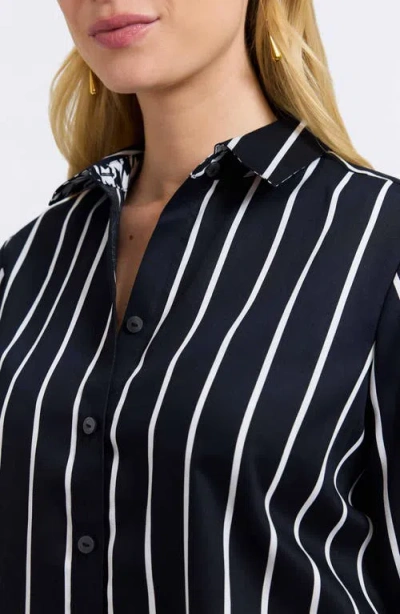 Foxcroft Margie Stripe Three-quarter Sleeve Button-up Shirt In Black