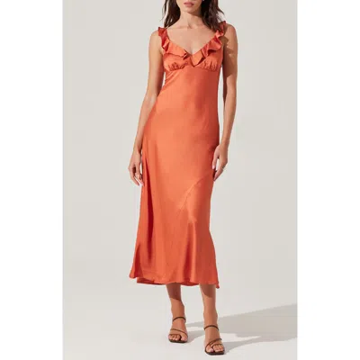 Astr The Label Zoie Ruffle Neck Satin Slipdress In Orange