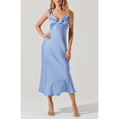 Astr The Label Zoie Ruffle Neck Satin Slipdress In Blue