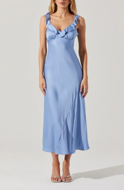 Astr The Label Zoie Ruffle Neck Satin Slipdress In Blue