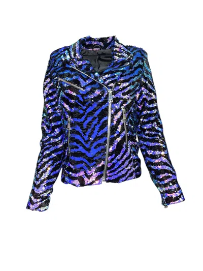 Any Old Iron Women's Black / Blue / Pink Zebra Oil Slick Sequin Moto Jacket