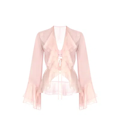 Fickle Hearts Women's Lotus Powder Pink Ruffled Sheer Shirt And Satin Bra