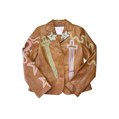 Acid Cat Women's Brown Swords And Hearts Sparkle Suede Jacket