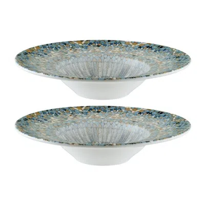 Turgla Home Neutrals / Blue Luca Mosaic Matte Round Decorated Porcelain Bowl Set Of Two