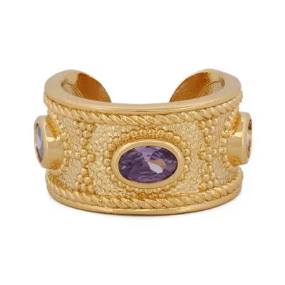 Ebru Jewelry Women's Gold / Purple Queen Cleopatra Amethyst Energy Cuff Adjustable Ring - Purple