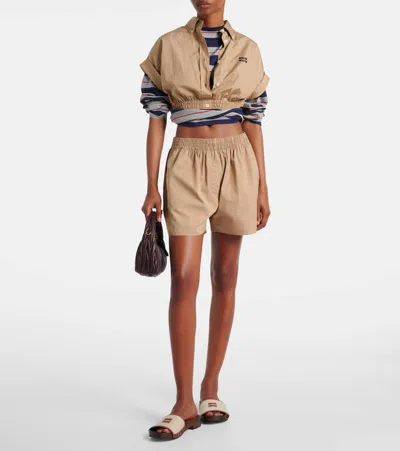 Miu Miu Logo Cotton Poplin Crop Top In Brown