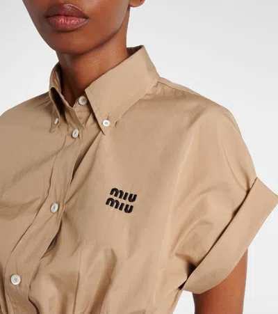 Miu Miu Logo Cotton Poplin Crop Top In Brown