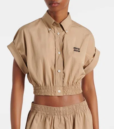 Miu Miu Logo Cotton Poplin Crop Top In Brown