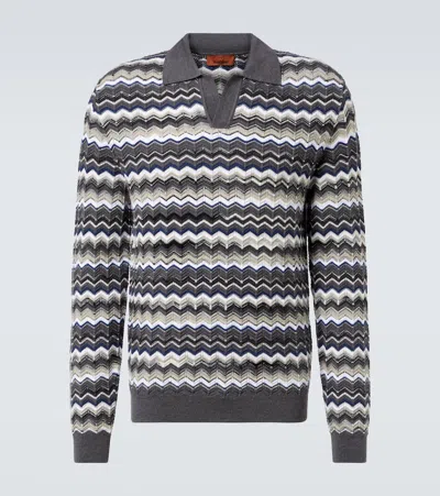 Missoni Mens Grey And Beige Tones Zig-zag Pattern Long-sleeve Cotton And Wool Polo Shirt In Gray
