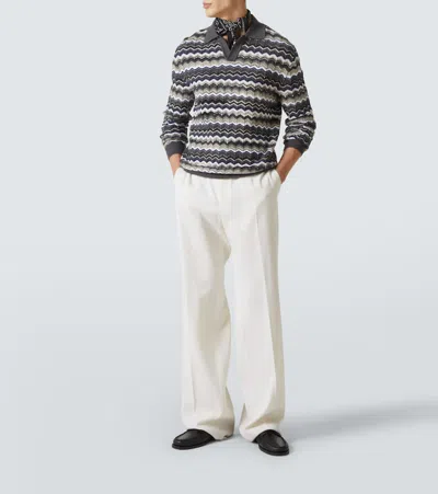 Missoni Mens Grey And Beige Tones Zig-zag Pattern Long-sleeve Cotton And Wool Polo Shirt In Gray