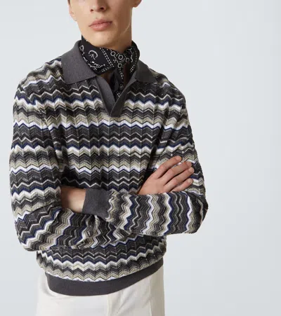 Missoni Mens Grey And Beige Tones Zig-zag Pattern Long-sleeve Cotton And Wool Polo Shirt In Gray