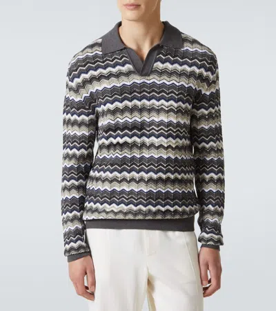 Missoni Mens Grey And Beige Tones Zig-zag Pattern Long-sleeve Cotton And Wool Polo Shirt In Gray