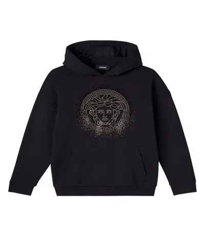 Versace Medusa Embellished Cotton Fleece Hoodie In Black