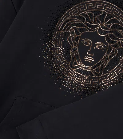 Versace Medusa Embellished Cotton Fleece Hoodie In Black