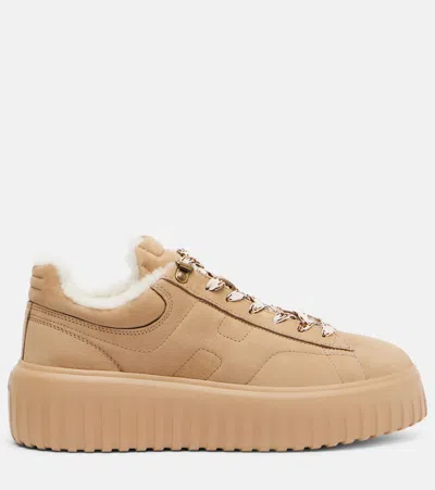 Hogan Suede Sneakers Shearling Lining Platform Sole In Brown