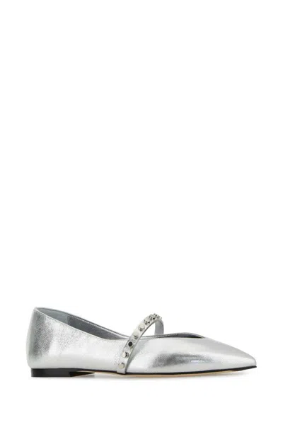Alexander Mcqueen Leather Studded Ballerina Shoes In Silver