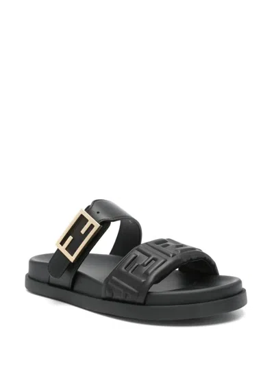 Fendi Nappa Leather Feel Double-band Slides Shoes In Black