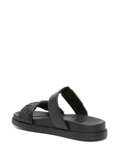 Fendi Nappa Leather Feel Double-band Slides Shoes In Black