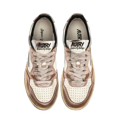 Autry 'super Vintage' White And Metallic Low Top Sneakers With Logo Detail In Neutral
